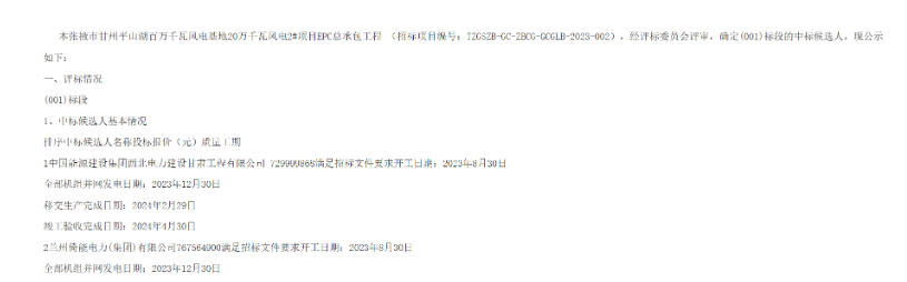 7.30億元！中國能建200MW風(fēng)電項(xiàng)目EPC總承包工程中標(biāo)候選人公示